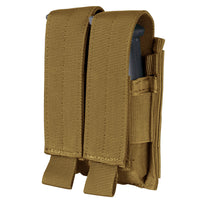 Thumbnail for The Caliber Armor Double Pistol Mag Pouch is a tan, durable fabric pouch with two slots and adjustable flaps for securing magazines. MOLLE compatible, it easily attaches to tactical gear.