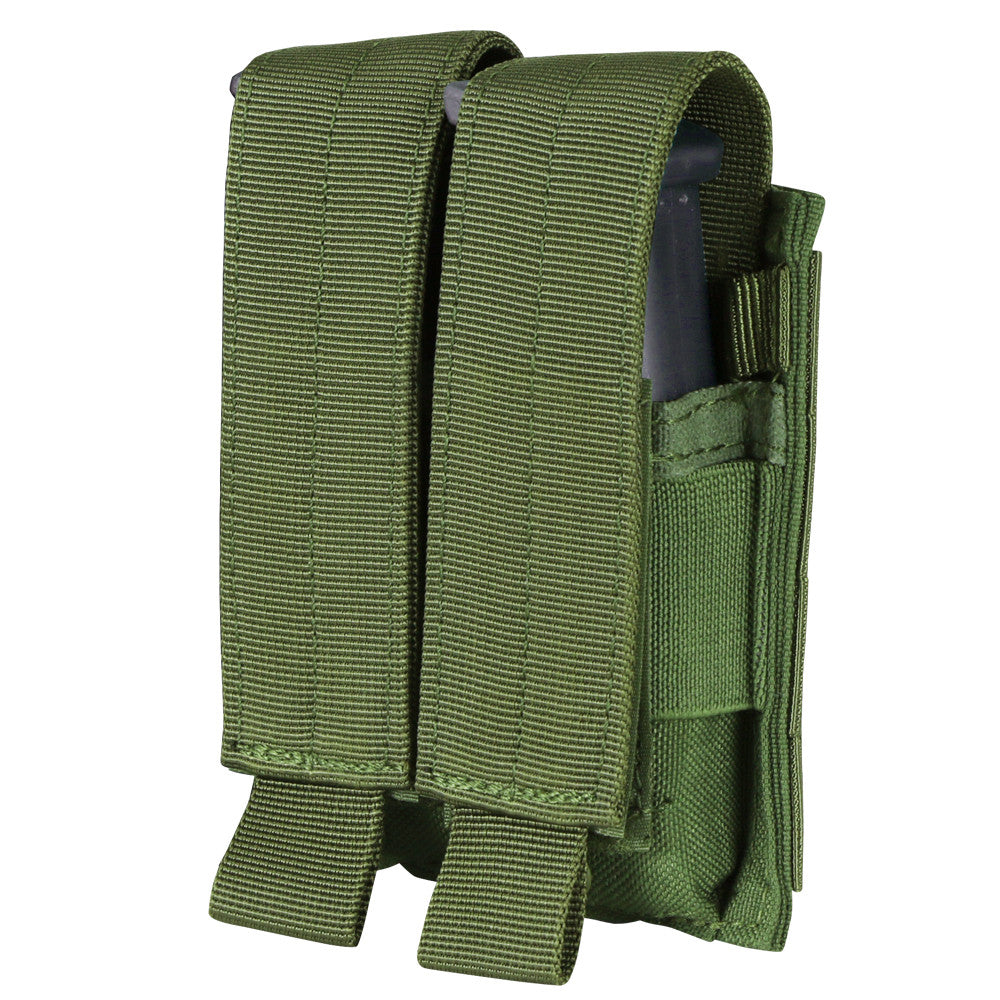 The Caliber Armor Double Pistol Mag Pouch is an olive green nylon pouch with two compartments and adjustable flaps for secure magazine storage. MOLLE compatible for easy attachment to tactical gear.