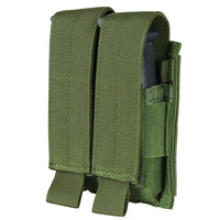 Thumbnail for The Caliber Armor Double Pistol Mag Pouch is an olive green nylon pouch with two compartments and adjustable flaps for secure magazine storage. MOLLE compatible for easy attachment to tactical gear.