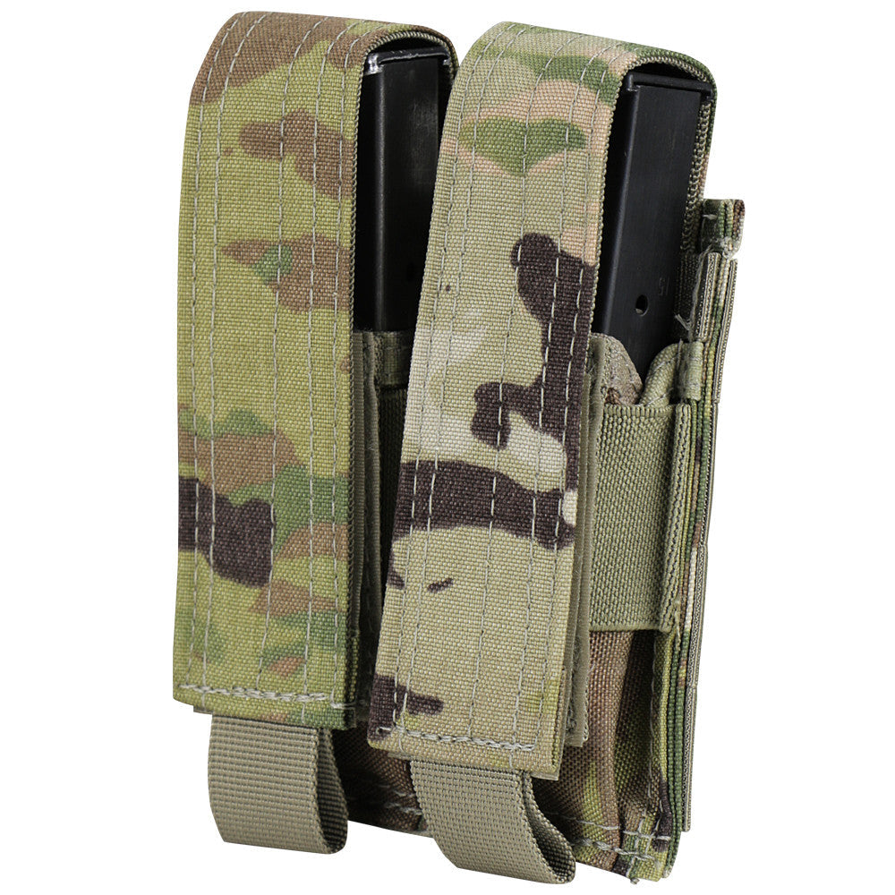 The Caliber Armor Double Pistol Mag Pouch holds two magazines vertically, features adjustable hook-and-loop flap covers, is made from camouflage fabric, and is MOLLE compatible for easy attachment to gear.