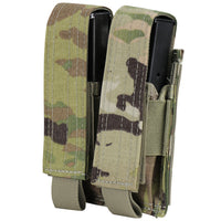 Thumbnail for The Caliber Armor Double Pistol Mag Pouch holds two magazines vertically, features adjustable hook-and-loop flap covers, is made from camouflage fabric, and is MOLLE compatible for easy attachment to gear.