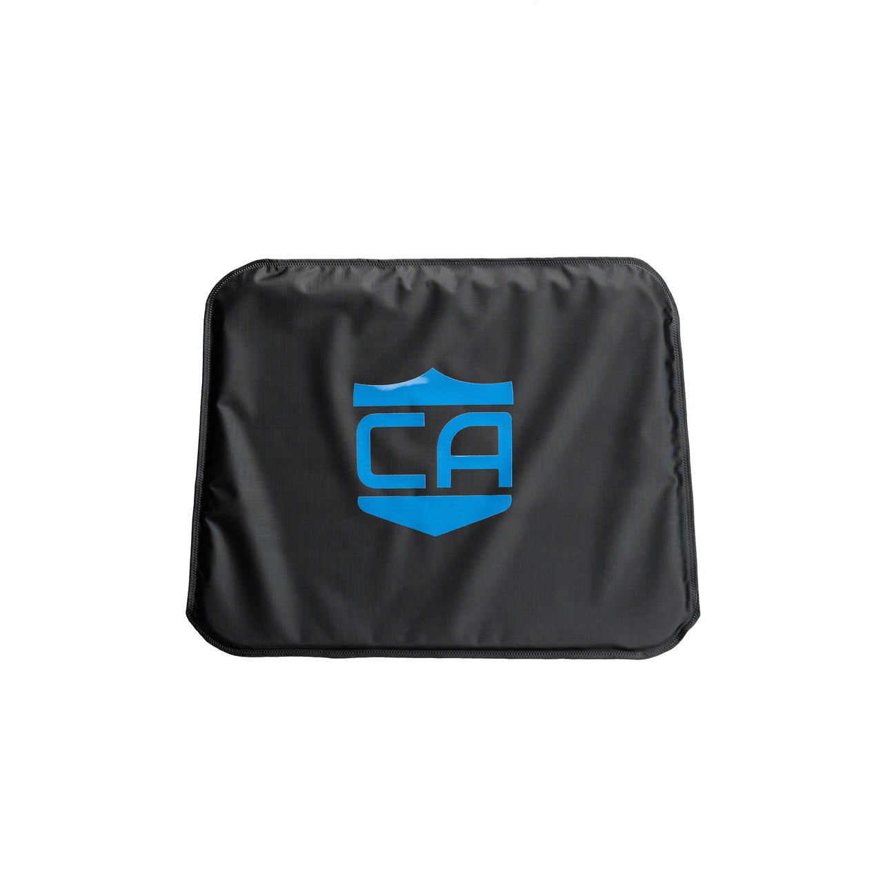 A black rectangular Caliber Armor cover with a blue "CA" logo and shield, designed to hold the CaliberX IIIA Body Armor Insert for Vertx Backpacks, is shown against a white background.