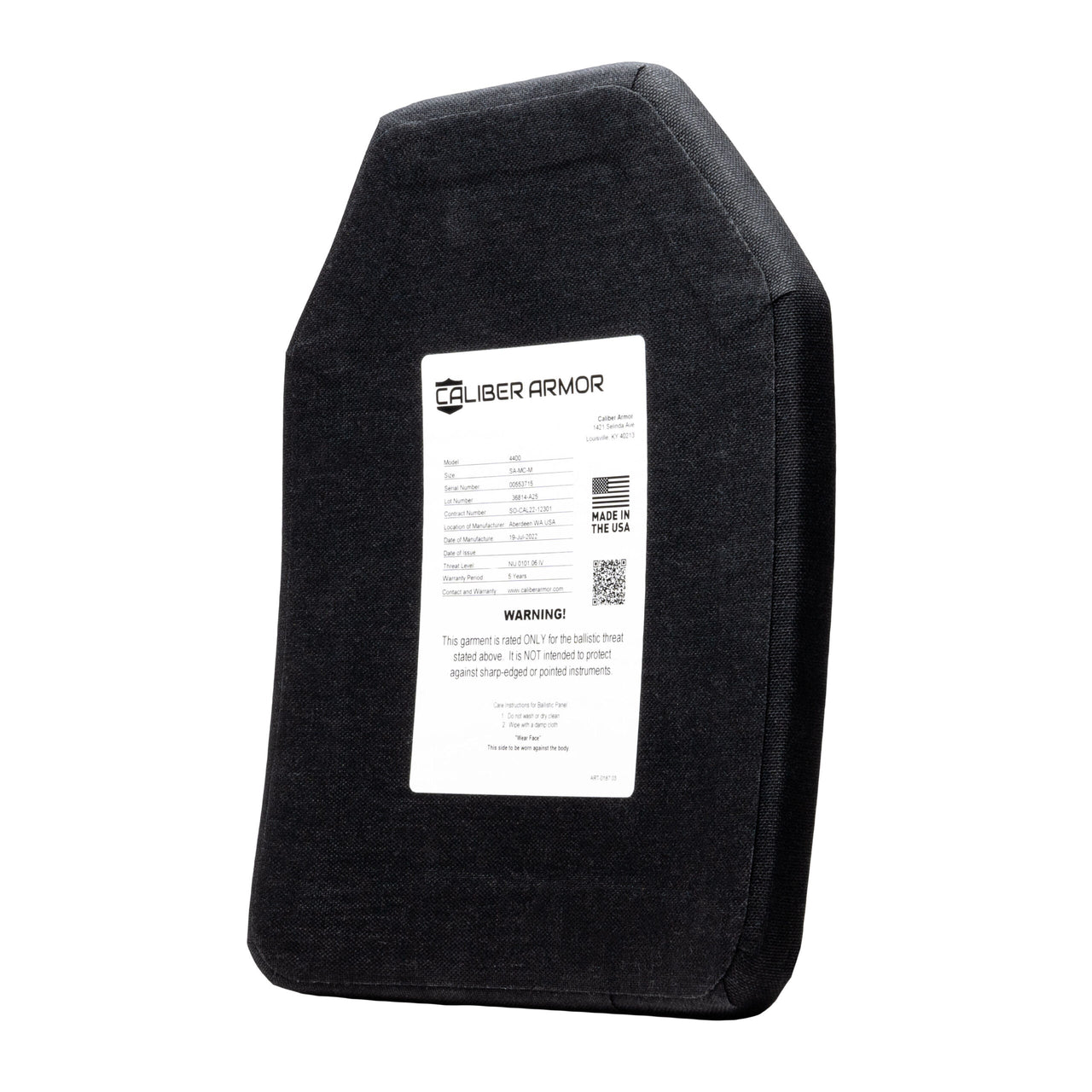 A black Level IV Multi-Curve Armor plate by Caliber Armor is shown on a white background, featuring a white label with specs, the Caliber Armor logo, and a warning.