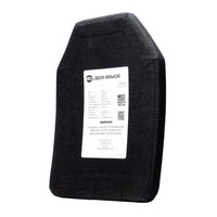 Thumbnail for A black Level IV Multi-Curve Armor plate by Caliber Armor is shown on a white background, featuring a white label with specs, the Caliber Armor logo, and a warning.