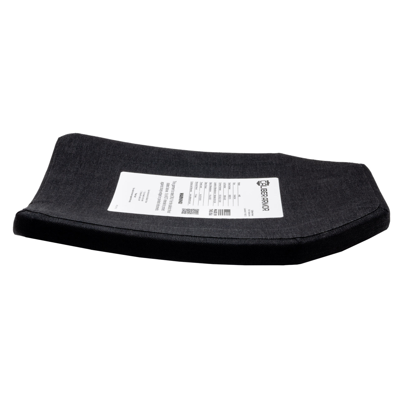 The Caliber Armor Level IV Multi-Curve Armor plate features a black ceramic body and a white specification label, shown against a white background.