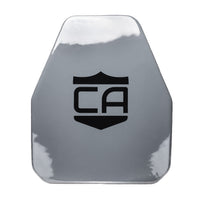 Thumbnail for The AV2 Multi-Curve RF2 Body Armor by Caliber Armor features a gray ballistic shield with a black stylized 
