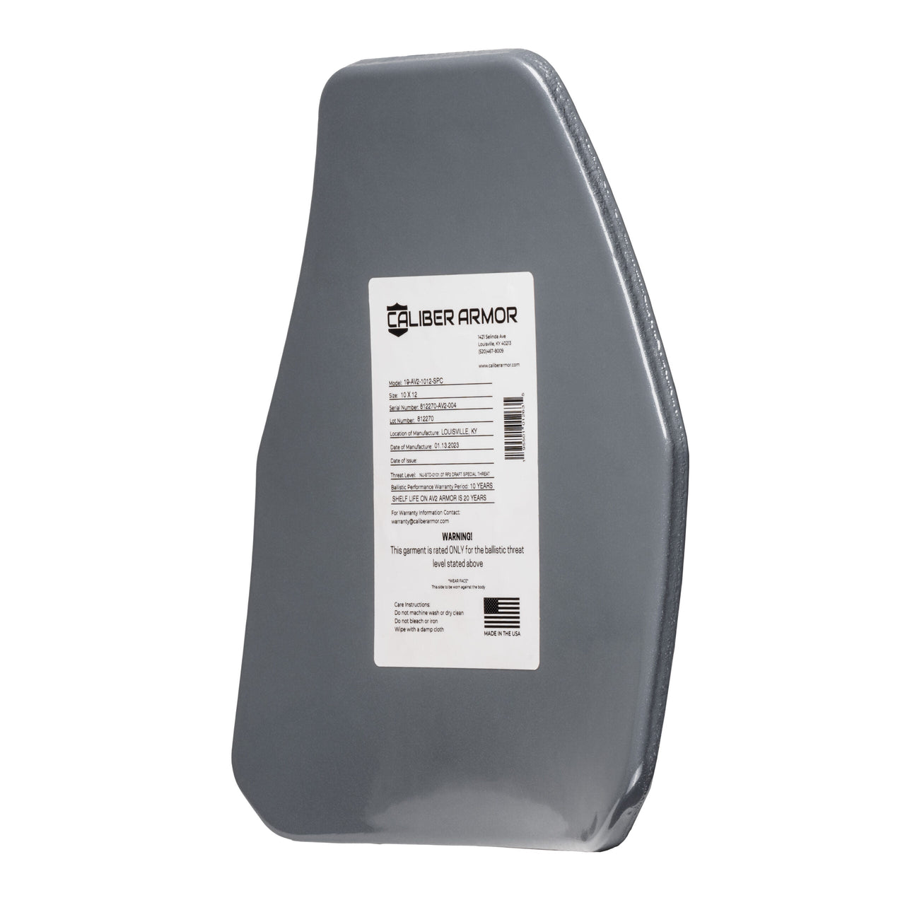 A gray AV2 Multi-Curve RF2 Body Armor plate by Caliber Armor, featuring a white label with product info and warnings.