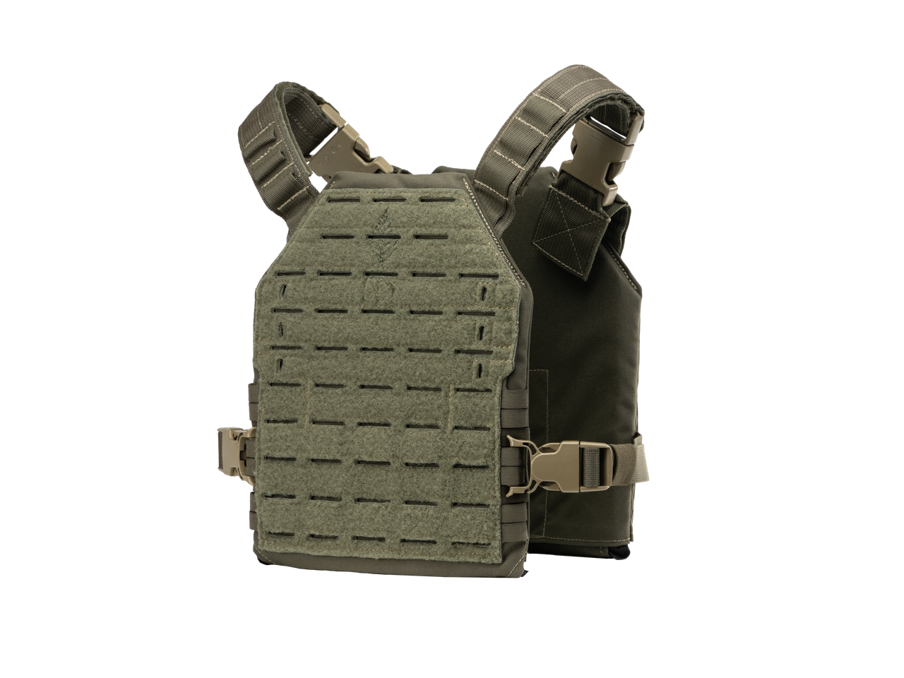 The Caliber Armor DV8 Plate Carrier - Mini (8x10) by Caliber Armor is a military-style olive green vest made in the USA, with adjustable straps and front MOLLE webbing, shown on a white background.
