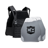 Thumbnail for The Caliber Armor Caliber AV2 DV8 - RF2 Body Armor Package is a black tactical vest with two metallic plates, featuring a shield logo and 