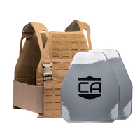 Thumbnail for The Caliber Armor AV2 DV8 - RF2 Body Armor Package includes a tan plate carrier vest and two metal plates with 