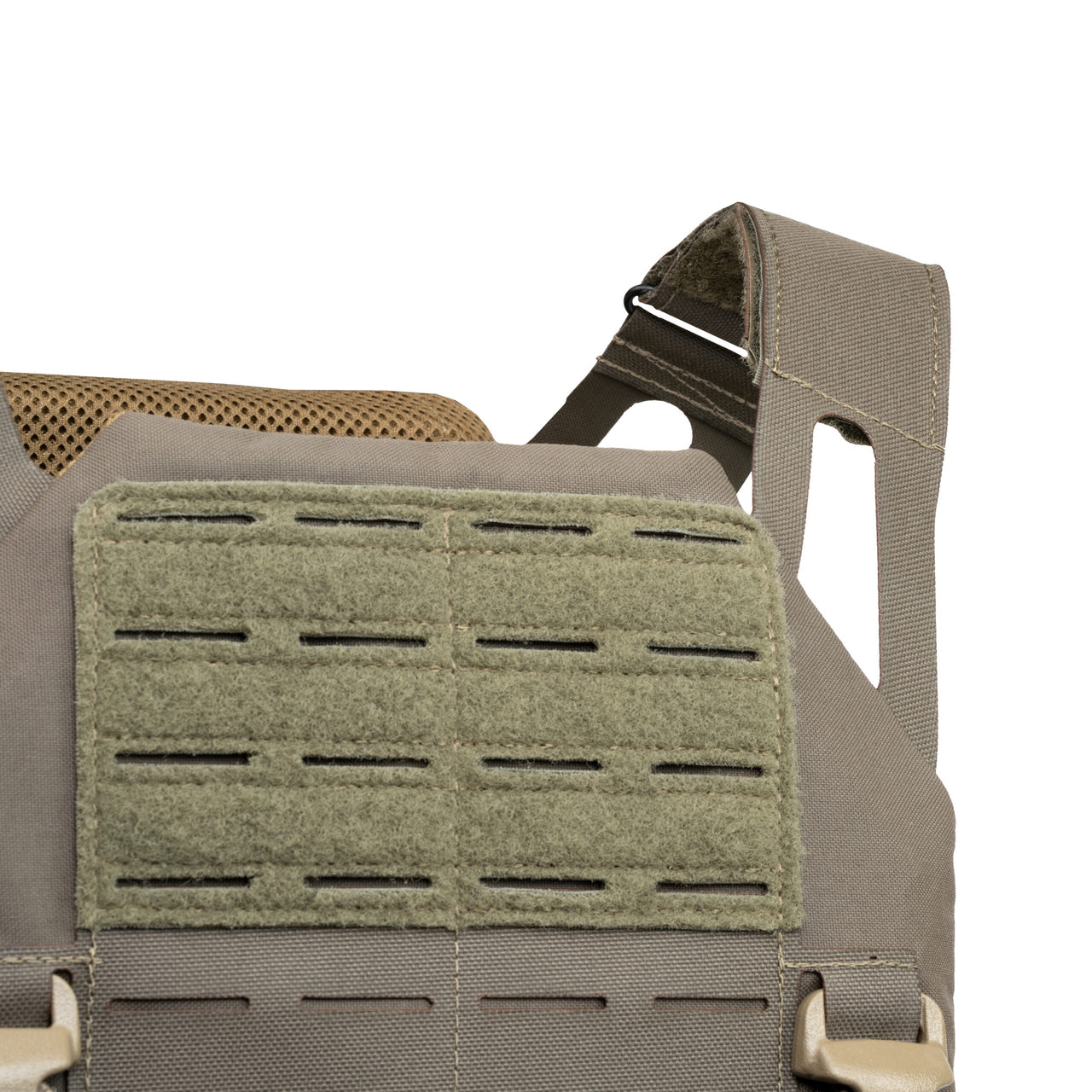 Close-up of a Caliber Armor AR550 DV8 Level III+ Body Armor Package in tan and olive drab, with adjustable shoulder straps and laser-cut MOLLE panel, shown on a white background.
