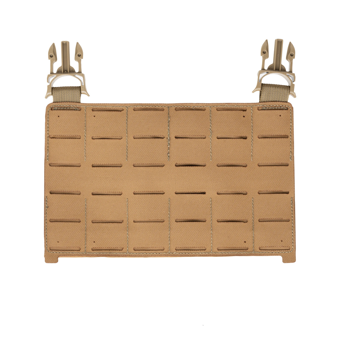 The tan Caliber Armor DV8 Modular Placard features two quick-release buckles at the top and multiple horizontal and vertical slots for attaching to MOLLE pouches or compatible systems like the DV8 Plate Carrier.