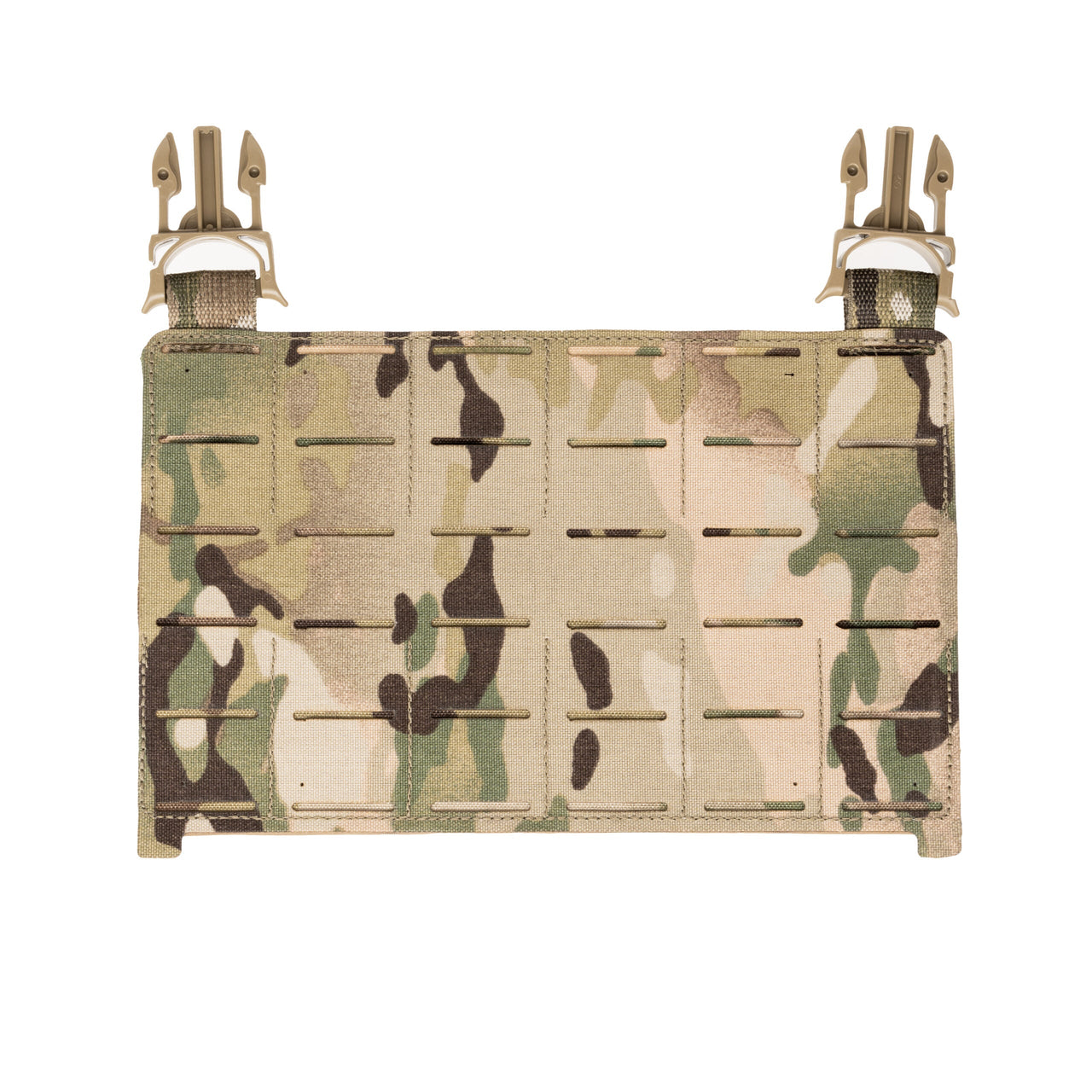 The Caliber Armor DV8 Modular Placard is a rectangular camouflage MOLLE panel with horizontal slots and two tan buckles, ideal for attaching to your DV8 Plate Carrier or adding extra MOLLE pouches.