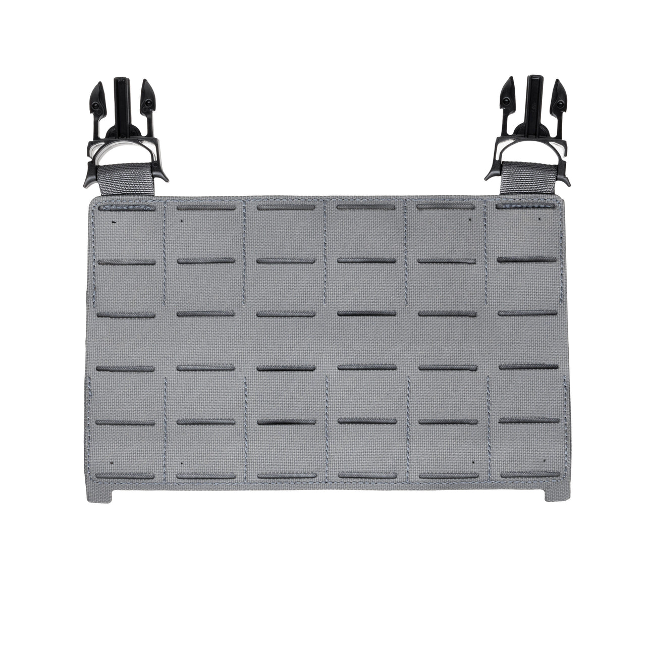 The Caliber Armor DV8 Modular Placard is a gray tactical panel with laser-cut slots and two black quick-release buckles at the top, compatible with DV8 Plate Carrier systems, shown on a white background.