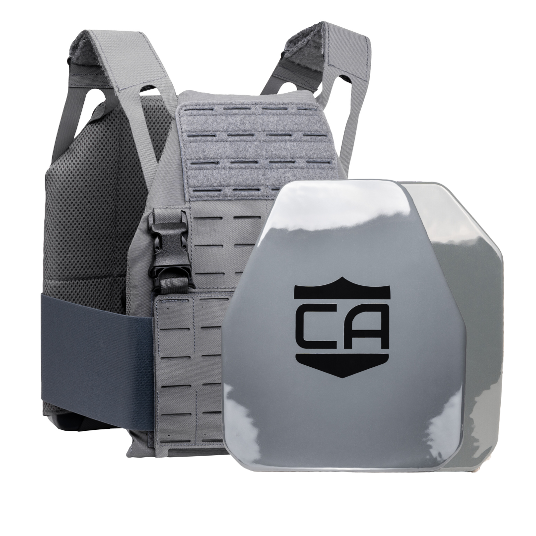 The Caliber Armor AV2 DV8 - RF2 Body Armor Package includes a gray vest and ballistic plate, both with the "CA" logo, providing reliable protection.