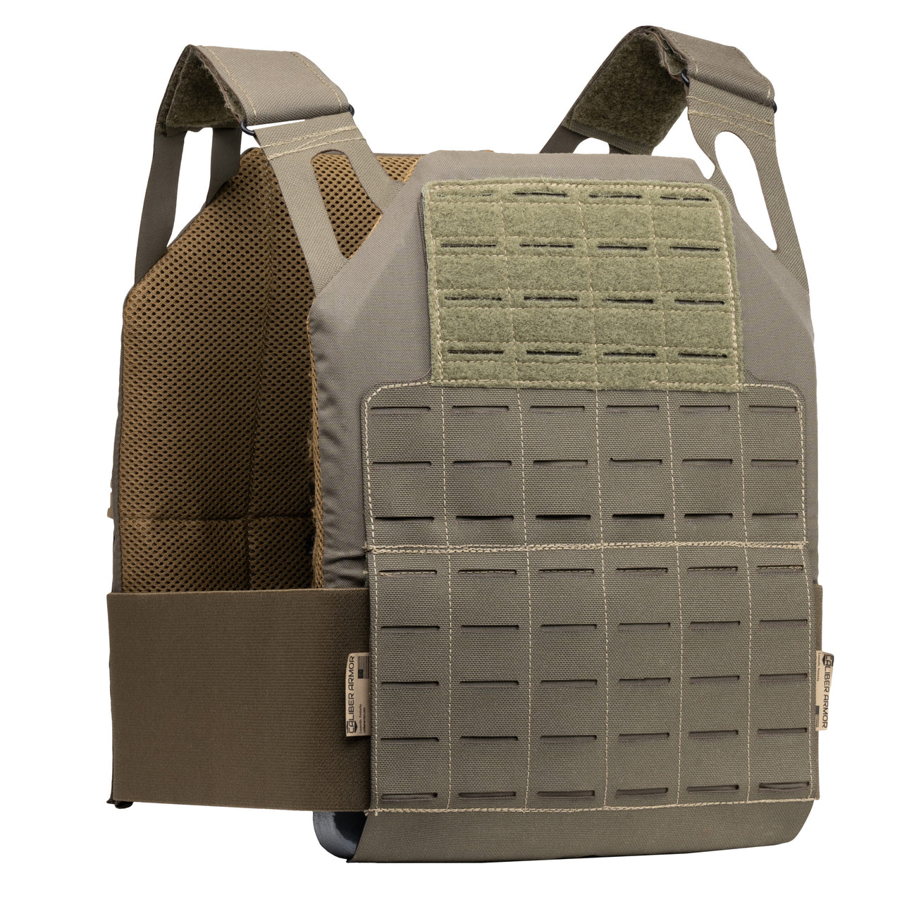 The Caliber Armor DV8 Plate Carrier by Caliber Armor features MOLLE webbing and hook-and-loop panels for accessory attachment and is designed to hold SAPI cut plates.