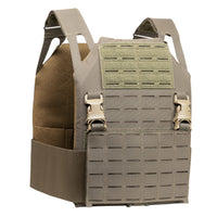 Thumbnail for The Caliber Armor Caliber AV2 DV8 - RF2 Body Armor Package is a tan plate carrier with shoulder straps, quick-release buckles, and laser-cut MOLLE webbing on the front panel for modular attachments.