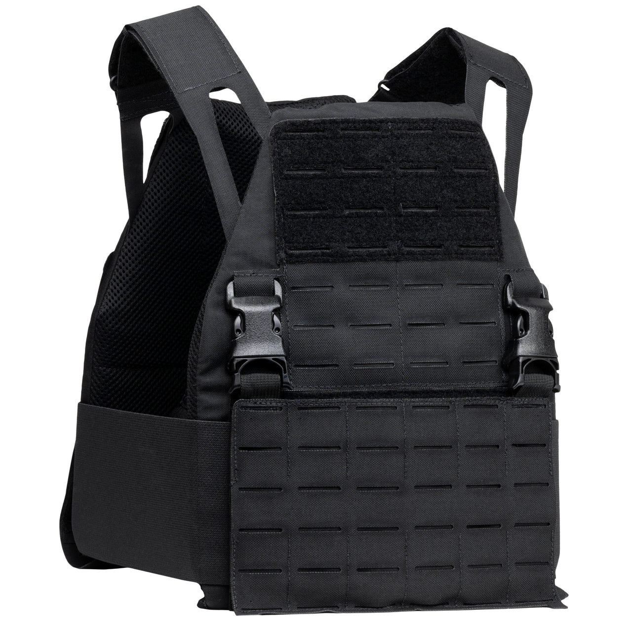 The Caliber Armor Caliber AR550 DV8 - Level III+ Body Armor Package features a black tactical plate carrier with adjustable shoulder straps, front buckles, laser-cut MOLLE webbing, and AR550 body armor for enhanced protection.