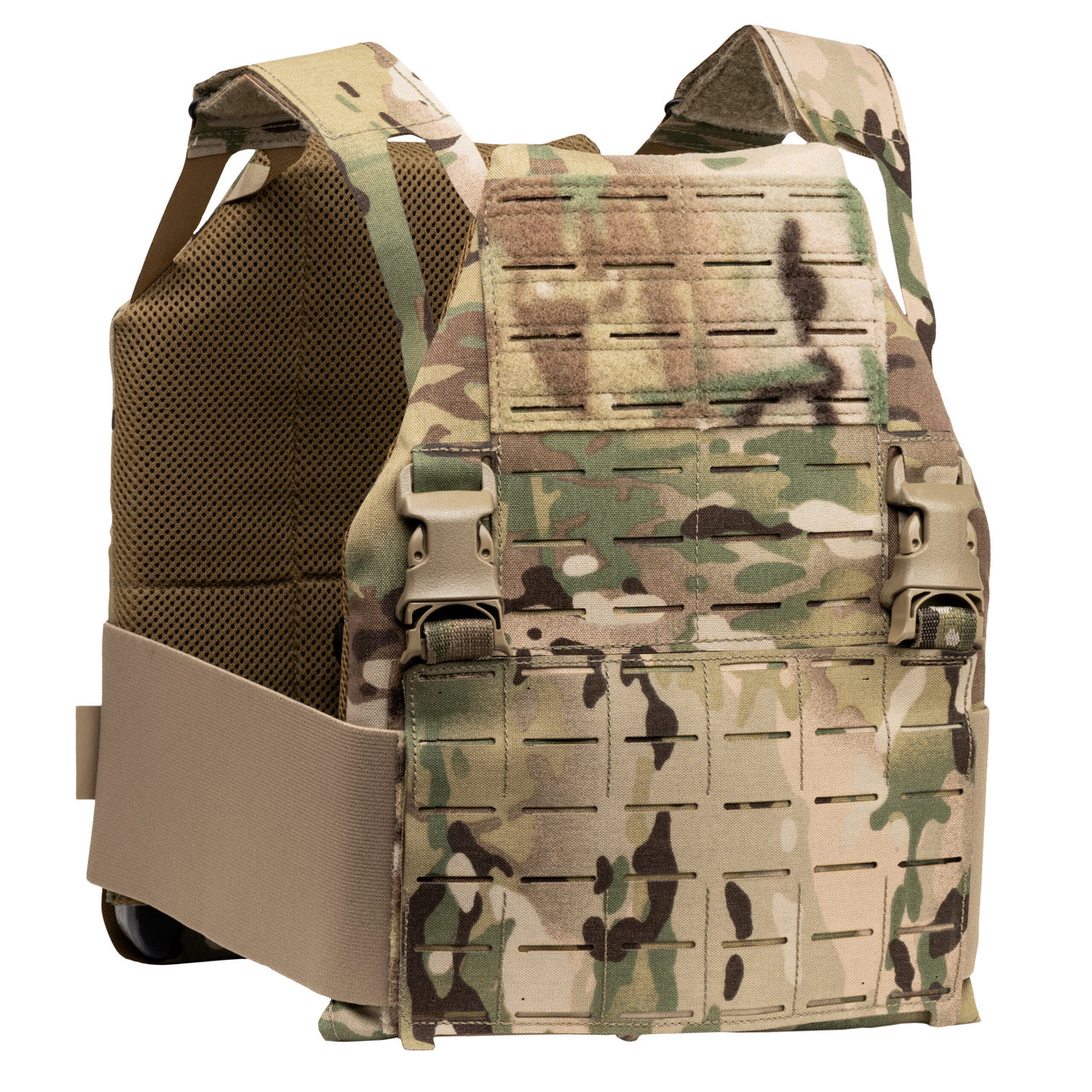 The Caliber Armor DV8 Plate Carrier features a camouflage pattern, adjustable shoulder straps, plastic buckles, mesh side panels, and is SAPI cut plate compatible for enhanced protection.