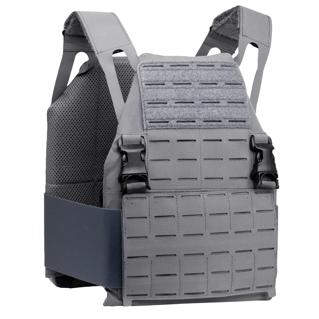 The Caliber Armor AR550 DV8 Level III+ Body Armor Package features a gray plate carrier vest with adjustable shoulder straps, front MOLLE webbing, side elastic bands, and front buckle closures for personal protection.