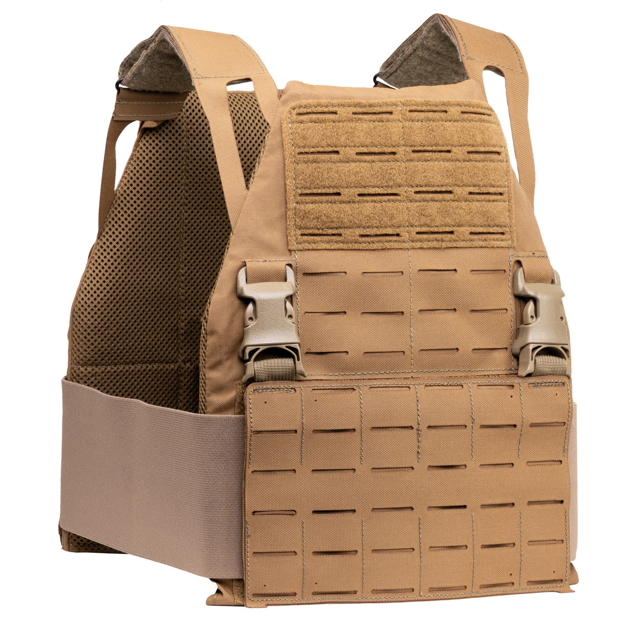 The Caliber Armor Caliber AR550 DV8 - Level III+ Body Armor Package includes a tan tactical plate carrier with adjustable straps, buckles, and MOLLE webbing for securely holding protective armor plates.