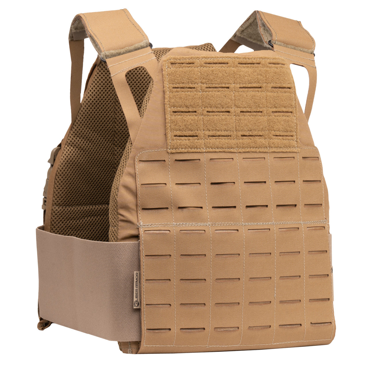 The Caliber Armor DV8 Plate Carrier by Caliber Armor features mesh padding, adjustable shoulder straps, and a front Velcro panel. Compatible with SAPI cut and body armor plates, it’s shown against a white background.
