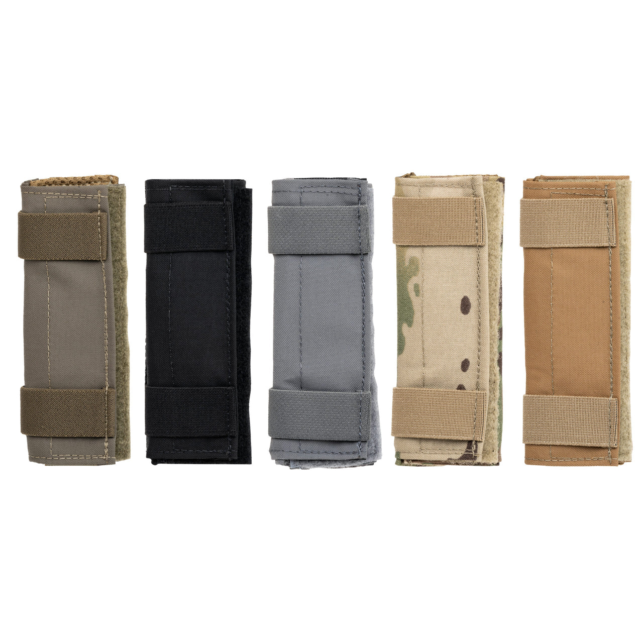 Five DV8 Shoulder Pads by Caliber Armor in olive, black, gray, camouflage, and tan stand upright on a white background—perfect for enhancing comfort and function with your modular or plate carrier setups.