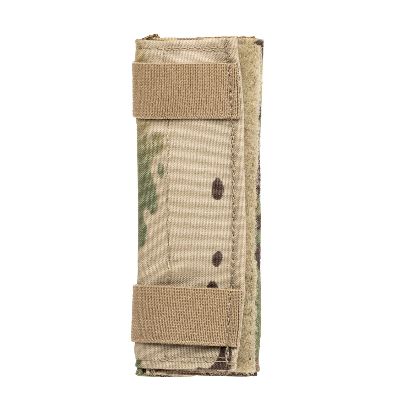 The Caliber Armor DV8 Shoulder Pads, shown vertically against a white background, feature folded camouflage fabric and two horizontal tan straps for easy modular carrier attachment.