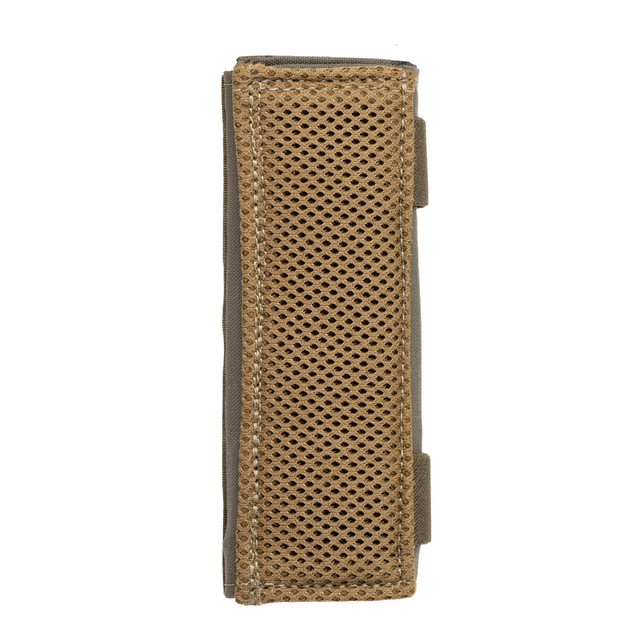 The Caliber Armor DV8 Shoulder Pads are brown, rectangular mesh fabric covers with stitched edges, designed for modular carriers and displayed vertically against a white background.