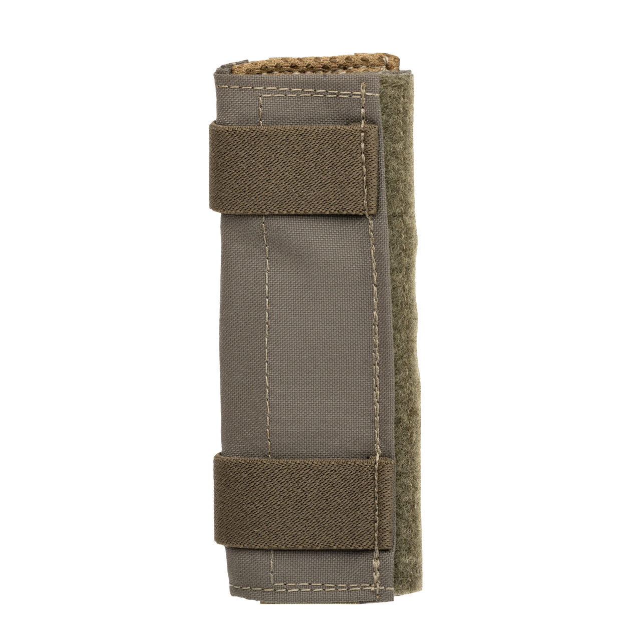 The Caliber Armor DV8 Shoulder Pads, a tan and brown fabric sheath with Velcro straps, serve as a modular carrier and are shown upright against a white background.