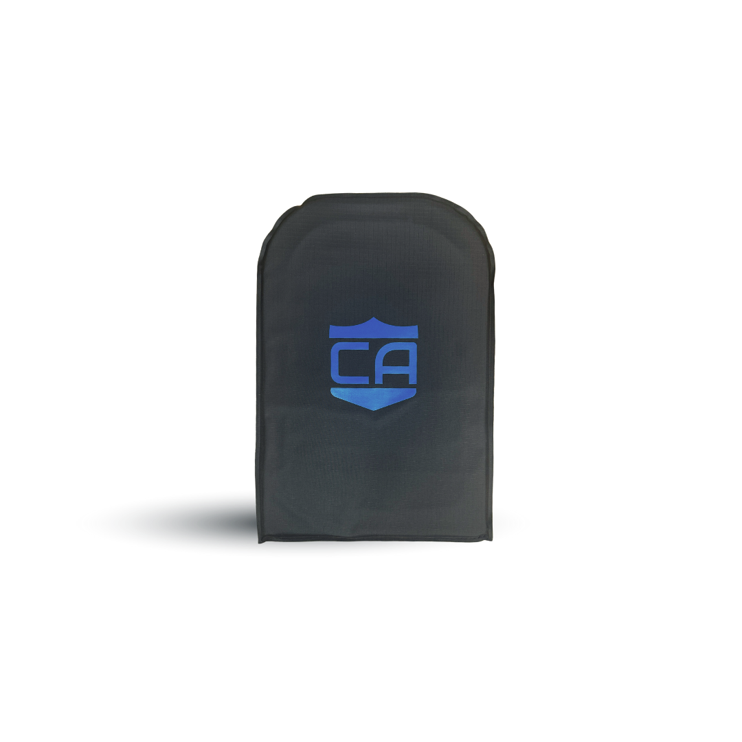 A black rectangular CaliberX IIIA Body Armor Insert for Viktos Backpacks by Caliber Armor, with rounded top edges and a blue "CA" logo on the front, shown against a plain white background.