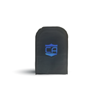 Thumbnail for A black rectangular CaliberX IIIA Body Armor Insert for Viktos Backpacks by Caliber Armor, with rounded top edges and a blue 