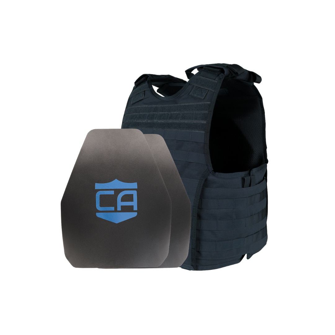 The Caliber Armor Condor EXO & AR550 Level III+ Body Armor Package includes a black tactical vest with MOLLE webbing and two black armor plates, each displaying a blue "CA" logo on the front.