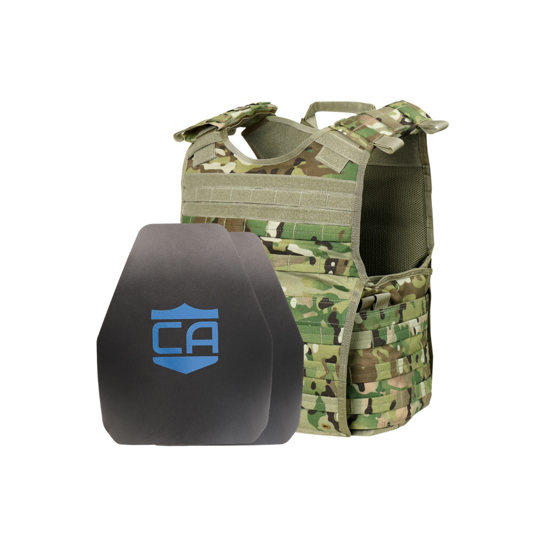 A Caliber Armor Condor EXO & AR550 Level III+ Body Armor Package in camouflage stands behind a black ballistic plate with a blue "CA" logo, both set against a white background.