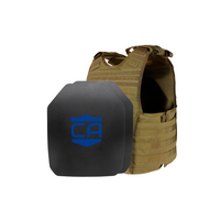 Thumbnail for The Caliber Armor Condor EXO & AR550 Level III+ Body Armor Package features a brown plate carrier vest and a black armor plate with a blue logo, shown against a white background.