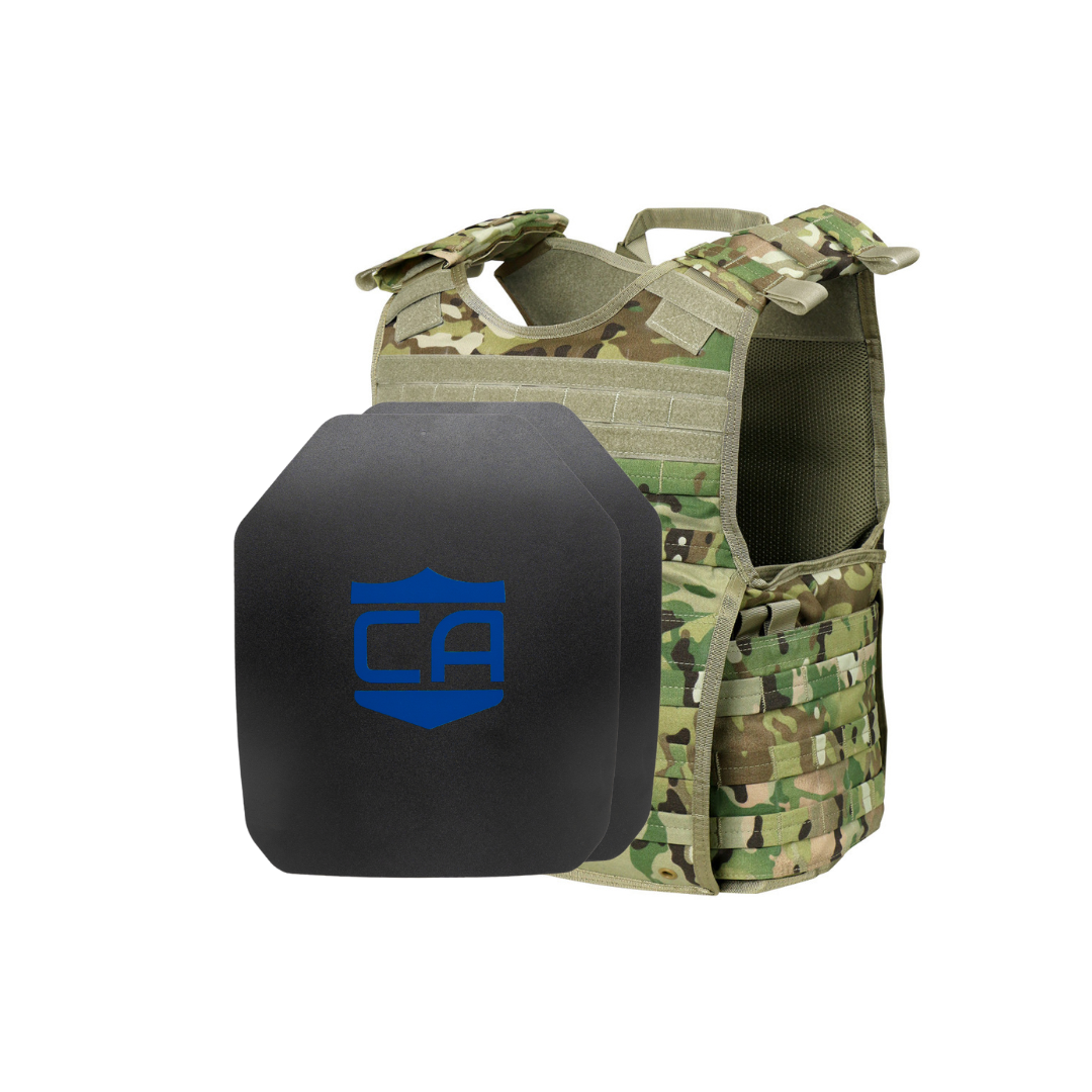 The Caliber Armor Condor EXO & AR550 Level III+ Body Armor Package includes a camouflage tactical vest with attached pouches and AR550 plates, featuring a blue CA logo, displayed on a white background.