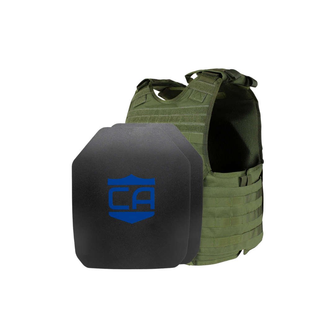 Green Condor EXO & AR550 Level III+ Body Armor Package by Caliber Armor, featuring a black ballistic plate with blue "CA" logo, shown on a white background. Compatible with body armor plates for advanced protection.