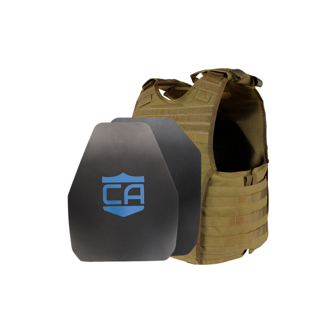 Caliber Armor Condor EXO & AR550 Level III+ Body Armor Package shown: tan plate carrier with two black plates featuring a blue "CA" logo, all displayed on a white background.