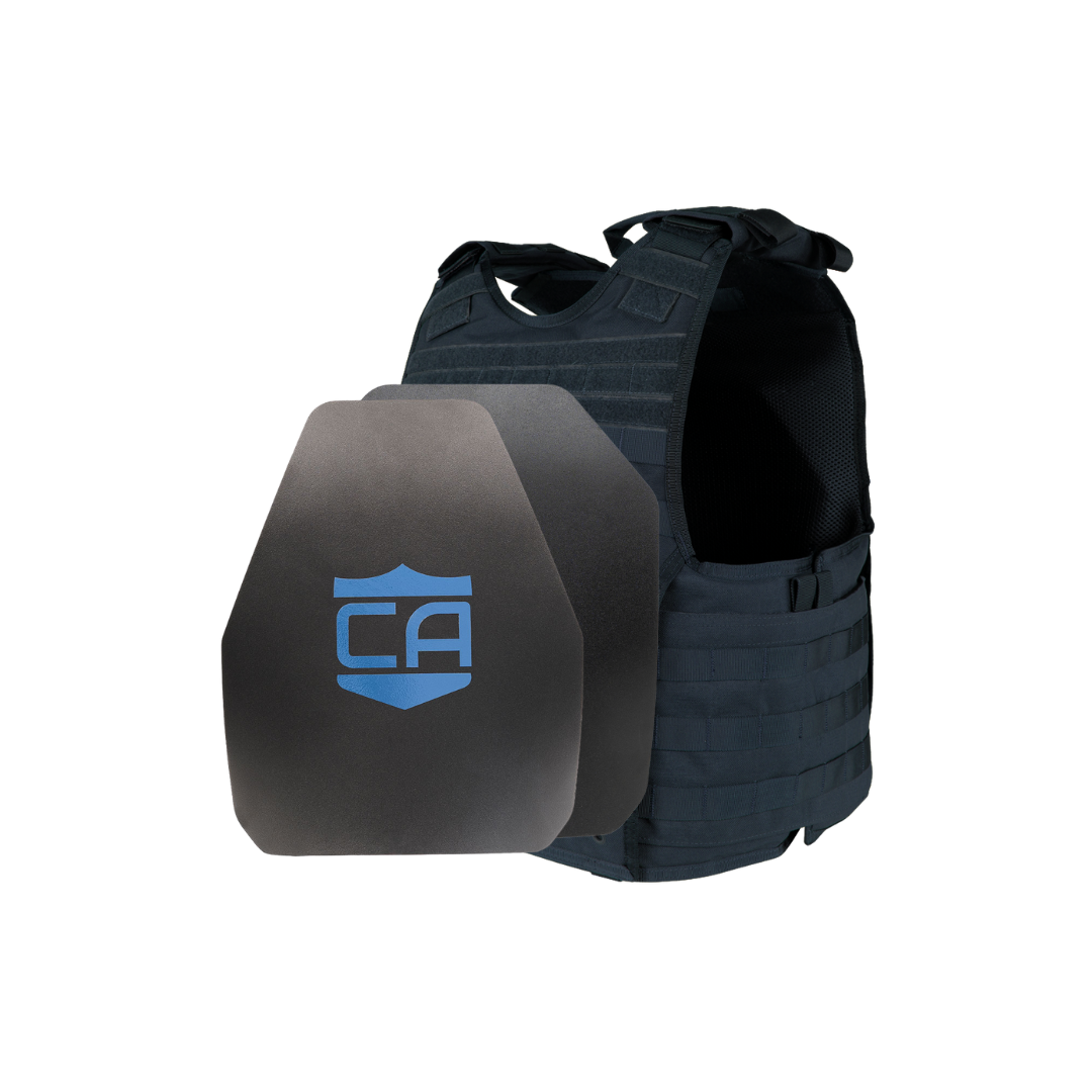 The Caliber Armor Condor EXO & AR550 Level III+ Body Armor Package includes a black modular plate carrier and two black armor plates displaying a blue "CA" shield logo.