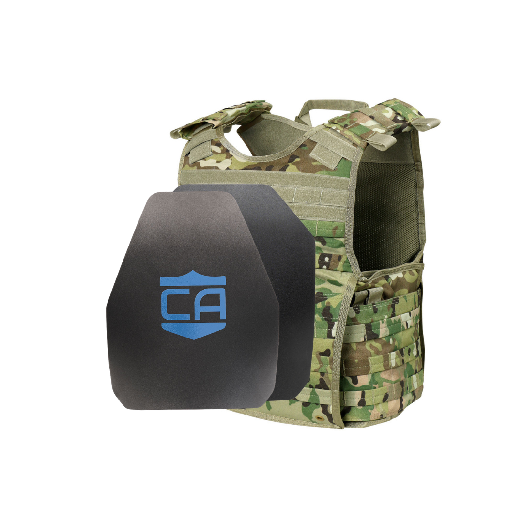 Caliber Armor Condor EXO & AR550 Level III+ Body Armor Package shown with a camouflage tactical vest and black armor plate featuring a blue shield logo and "CA" text, compatible with EXO Plate Carrier or soft armor.