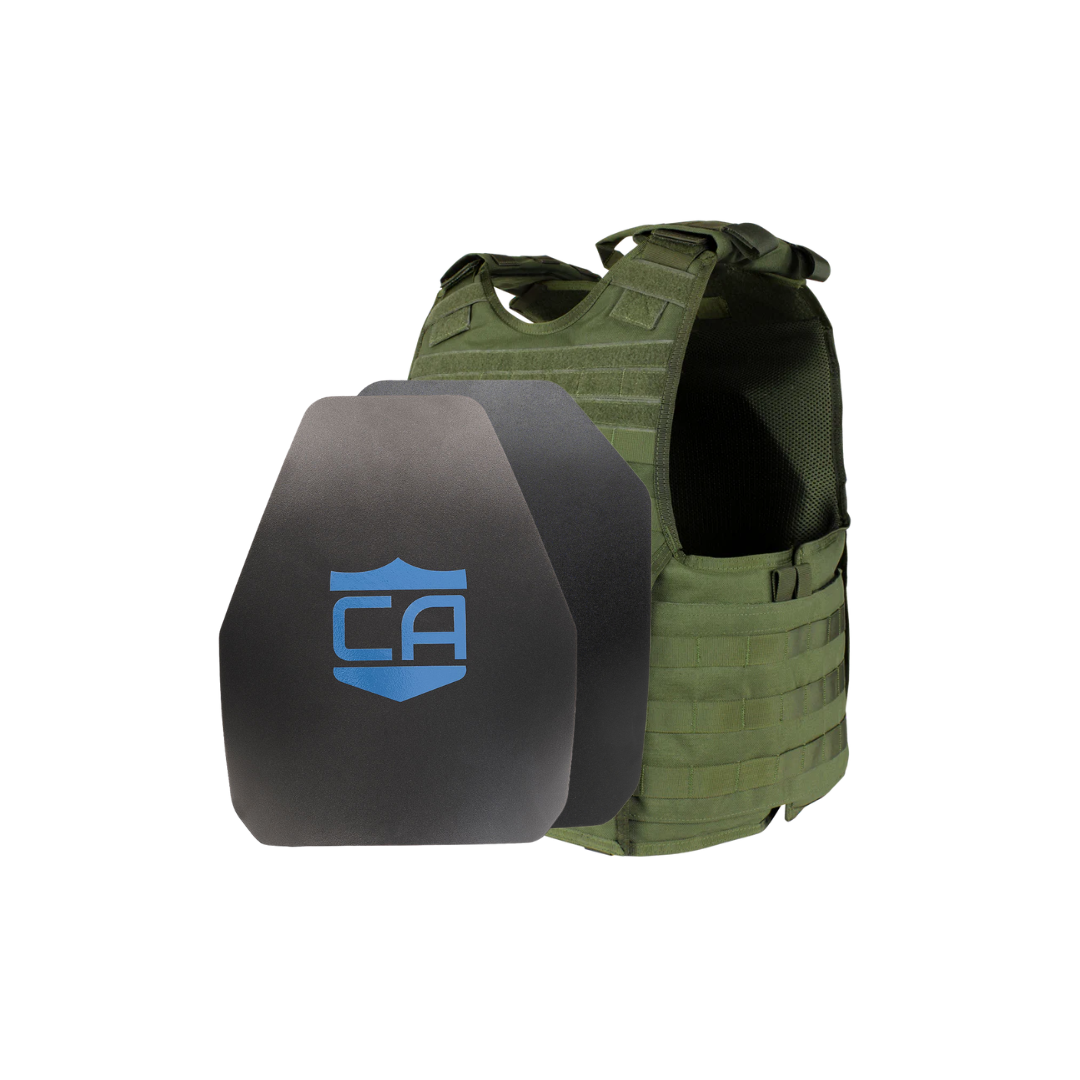 The Condor EXO & AR550 Level III+ Body Armor Package by Caliber Armor is shown: a green vest sits behind two black armor plates, one displaying a blue "CA" logo.