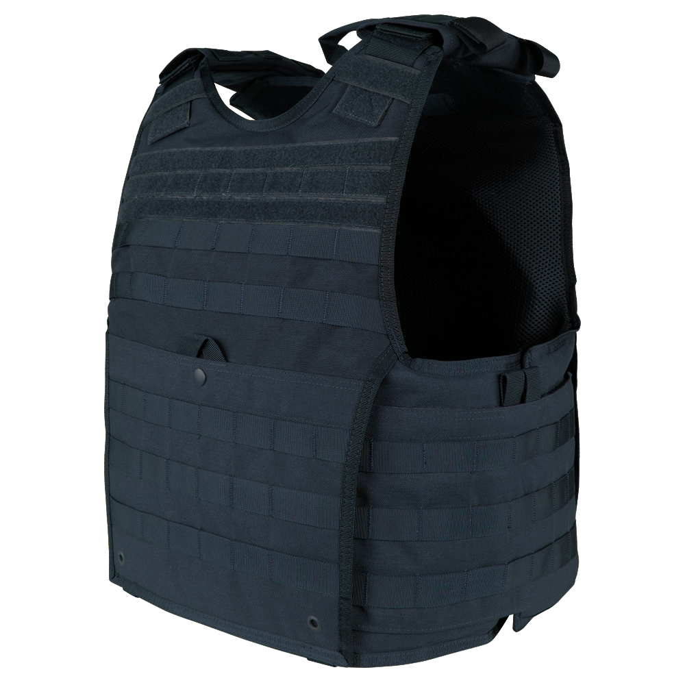 The Caliber Armor EXO PLATE CARRIER GEN II is a black tactical vest with adjustable shoulder straps and front/side MOLLE webbing for hard armor plates, shown on a white background.