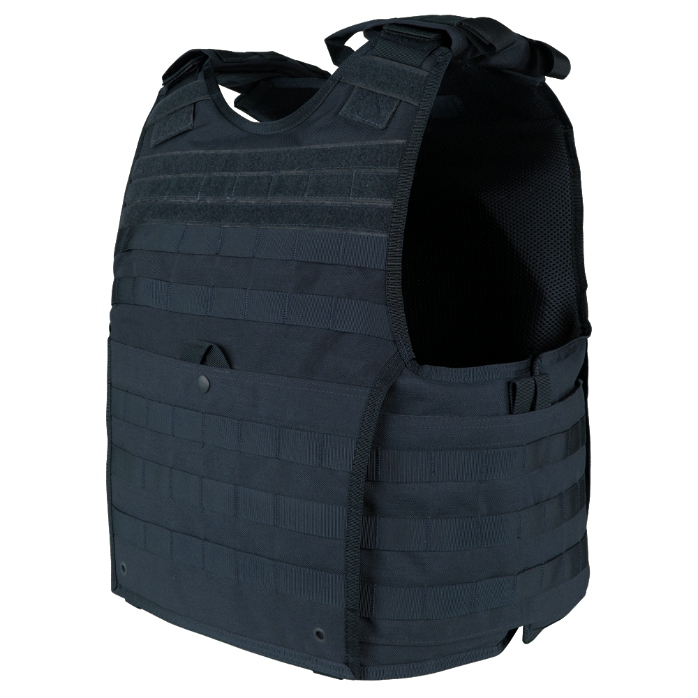 The Caliber Armor EXO Plate Carrier Gen II in black features adjustable shoulder and side straps, multiple rows of webbing for modular attachments, and is compatible with hard armor plates for enhanced protection.