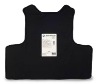 Thumbnail for A black concealable CaliberX IIIA body armor panel for EXO Carrier featuring a white center label with the Caliber Armor brand and product details.