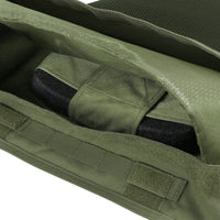 Thumbnail for Close-up of an open green vest pocket reveals a black hard armor plate, perfect for use with the Caliber Armor EXO PLATE CARRIER GEN II or similar body armor setups.