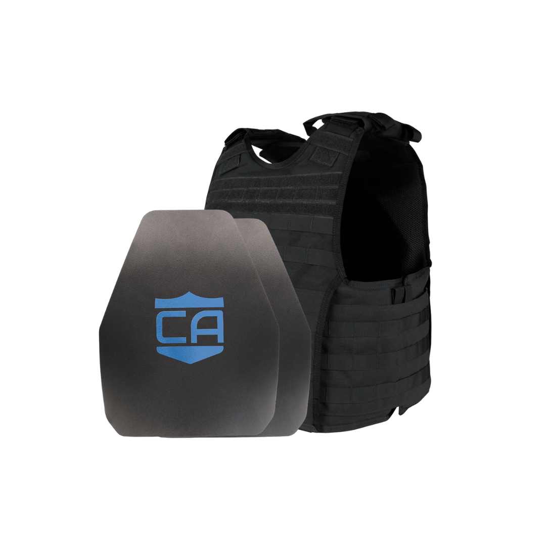 A Condor EXO Plate Carrier tactical vest is displayed behind two Caliber Armor AR550 Level III+ ballistic plates, each featuring a blue shield with the "CA" logo.