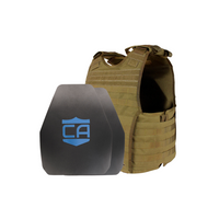 Thumbnail for A tan Condor EXO Plate Carrier vest sits beside two black Caliber Armor AR550 Level III+ body armor plates with a blue 
