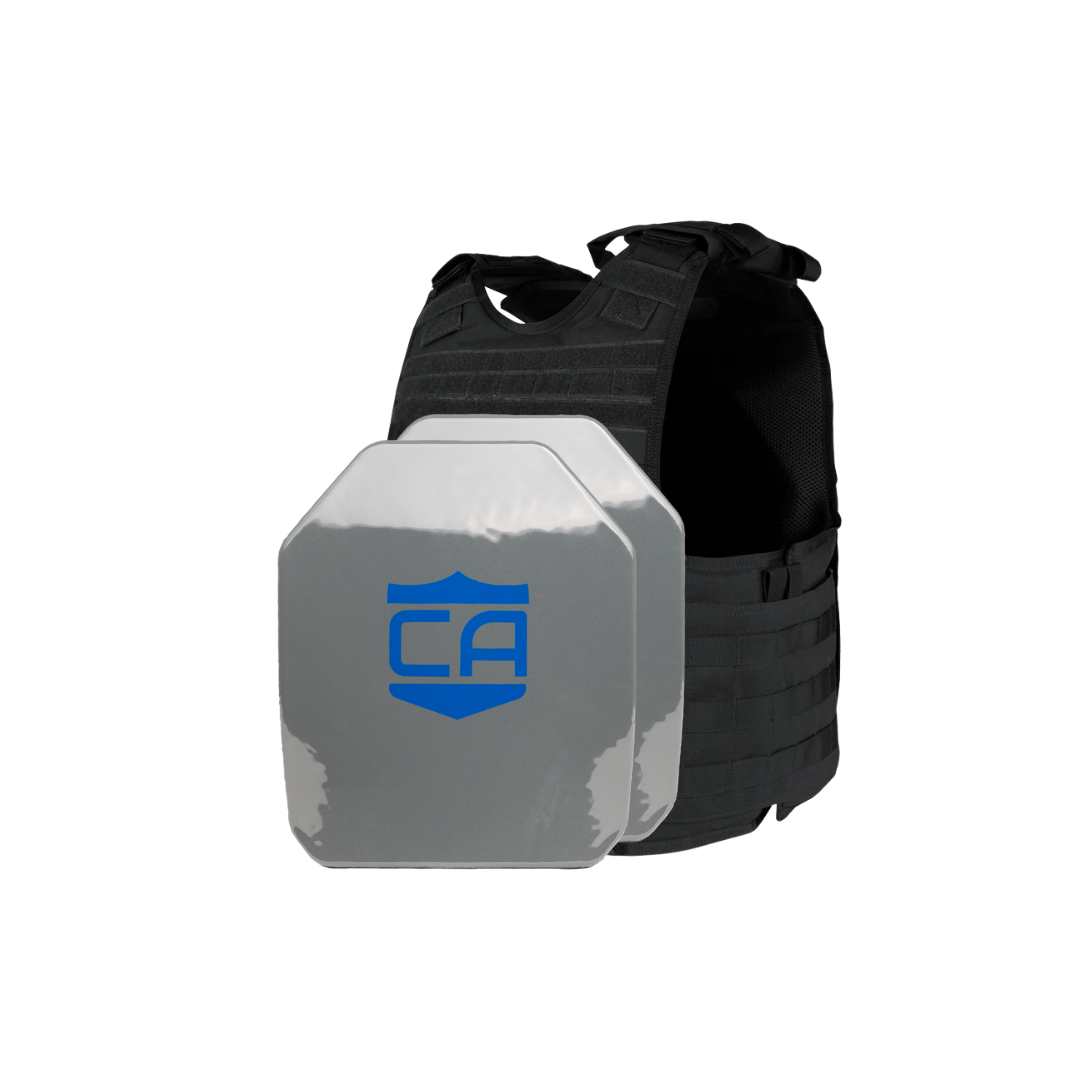 A black Condor EXO Plate Carrier tactical vest by Caliber Armor with an inserted silver AR550 Level III+ ballistic plate featuring a blue "CA" logo, shown on a plain white background.