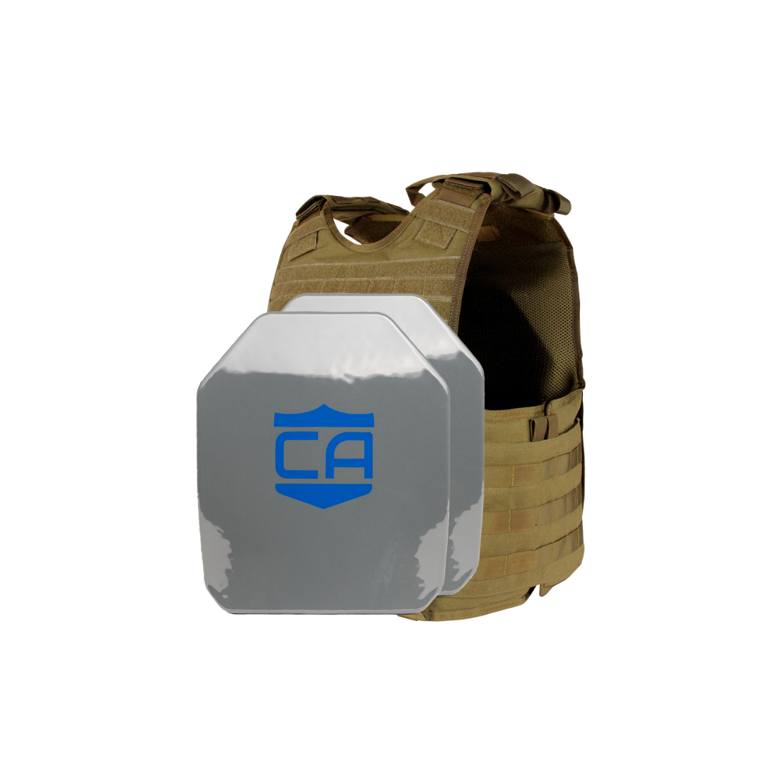 The Caliber Armor Condor EXO & AR550 Level III+ Body Armor Package includes a tan tactical vest with modular webbing and a reflective silver plate featuring a blue shield with "CA" logo—perfect as a standalone or for use with soft armor.
