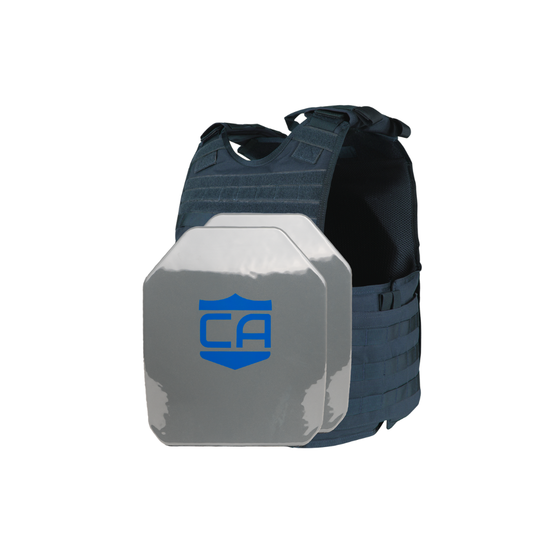The Caliber Armor Condor EXO & AR550 Level III+ Body Armor Package is a black tactical vest with silver ballistic plates and body armor, featuring a blue "CA" shield logo on the front.